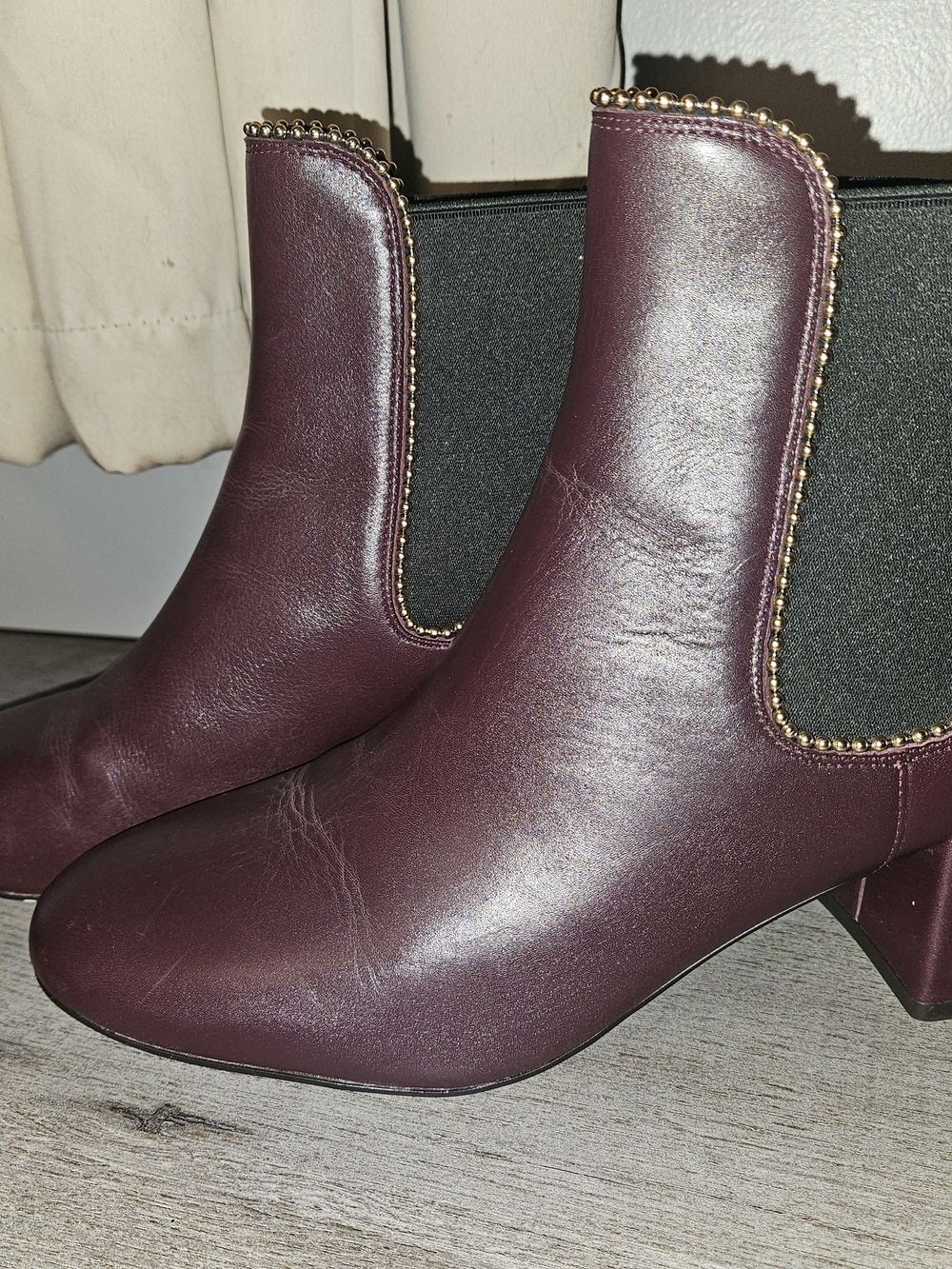 Coach Plum Leather Ankle Boots with Gold Bead Trim
